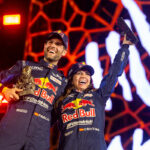 Cristina Gutierrez (right) and navigator Pablo Moreno (left), both from Spain and the Red Bull Off-Road Junior Team during the Final Podium, image by Motul