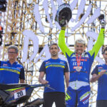 Harith Noah (India), and his Sherco Factory team on the final podium at the 2024 Dakar Rally, image by Motul