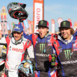 Ross Branch, Ricky Brabec and Adrien Van Beveren at the finish line after 12 stages of the 2024 Dakar Rally, image by Motul (2)